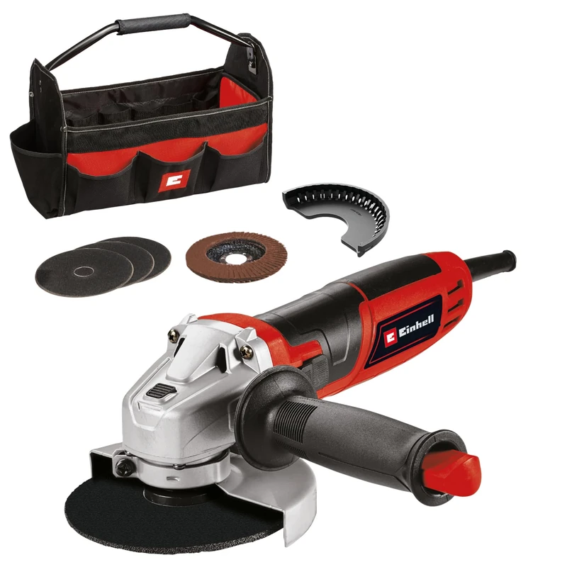 Einhell Angle Grinder TC-AG 125/850 Kit (850 W, 12,000 min-1, max. Cutting Depth 28 mm, max. disc Diameter 125 mm, 3 Cutting Discs, 1 Sanding disc and 1 Bag)