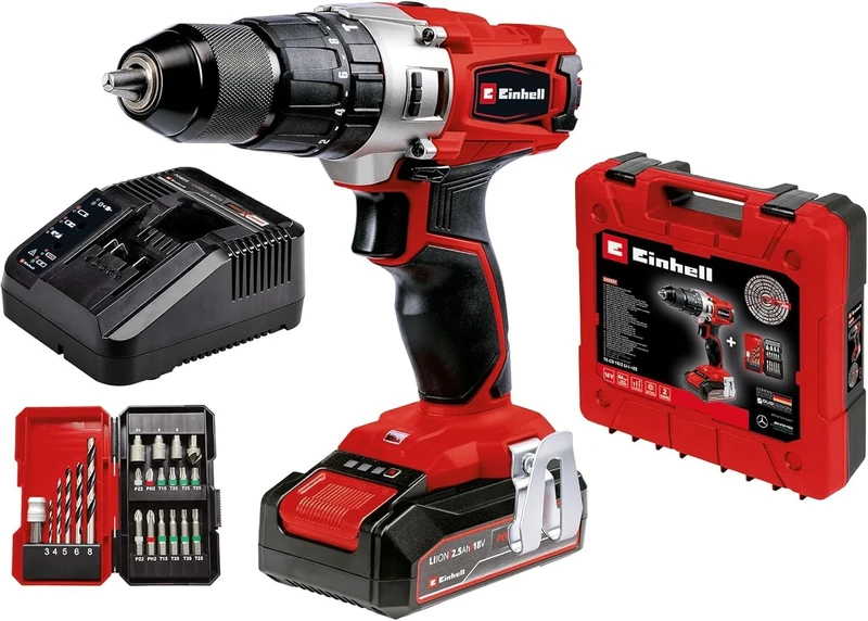 Einhell Power X-Change 44Nm Cordless Drill Driver with Battery and Charger - 18V, 3-in-1 Combi Drill, Hammer Drill and Screwdriver - with 22 Piece Drill Bit Set and Storage Case, Red/Black