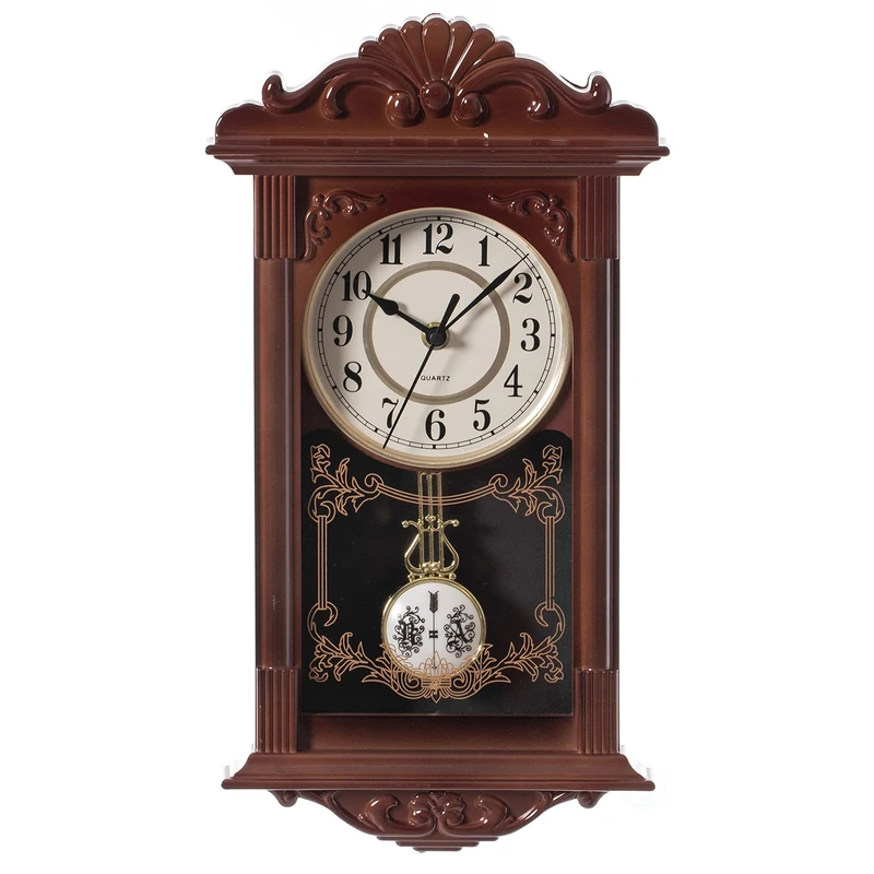 Quickway Imports Vintage Grandfather Wood- Looking Plastic Pendulum Wall Clock for Living Room, Kitchen, or Dining Room, Brown