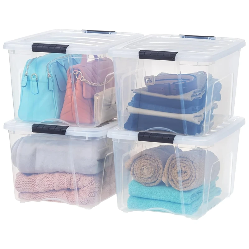 IRIS USA 40 QT Plastic Storage Box with Lid and Latches - 4 Pack - BPA-Free, See-Through Organizing Solution, Durable Nestable Stackable Containers, Secure Pull Handle - Clear