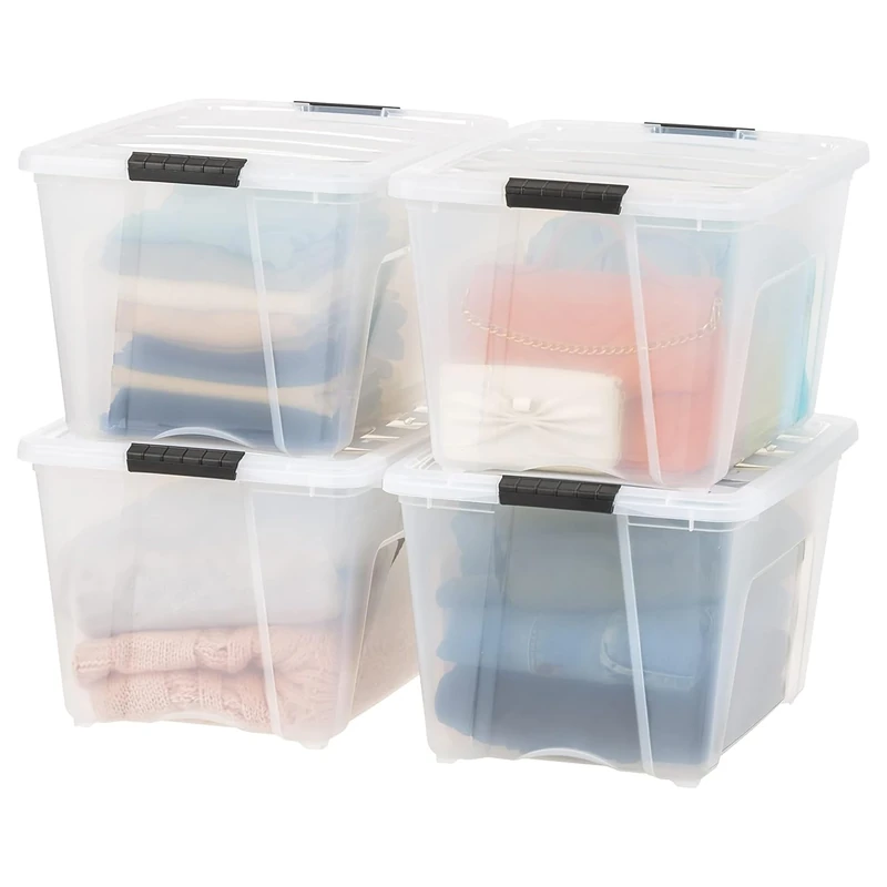 IRIS USA 54 Qt Stackable Plastic Storage Bins with Lids, 4 Pack - BPA-Free, Made in USA - See-Through Organizing Solution, Latches, Durable Nestable Containers, Secure Pull Handle - Clear