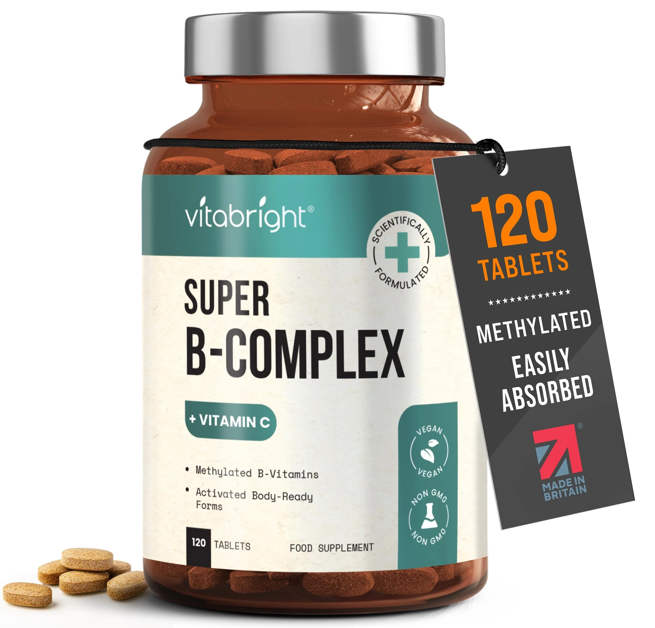 Vitamin B Complex High Strength Methylated B Vitamins | B6 Vitamins with Folate & B12 Supplements | Complete Complex with 12 Active Nutrients | Not Liquid Drops Or Spray | Vitabright