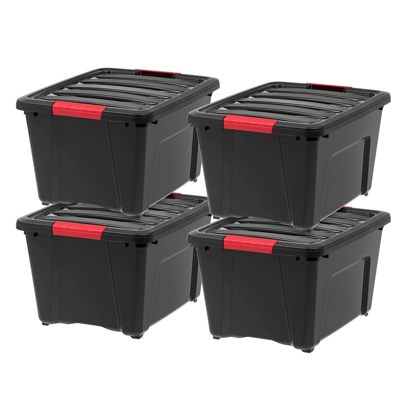 IRIS USA Plastic Storage Bin Tote Organizing Container with Durable Lid and Secure Latching Buckles, Stackable and Nestable, 32 Qt, Black/Red, 4 Count