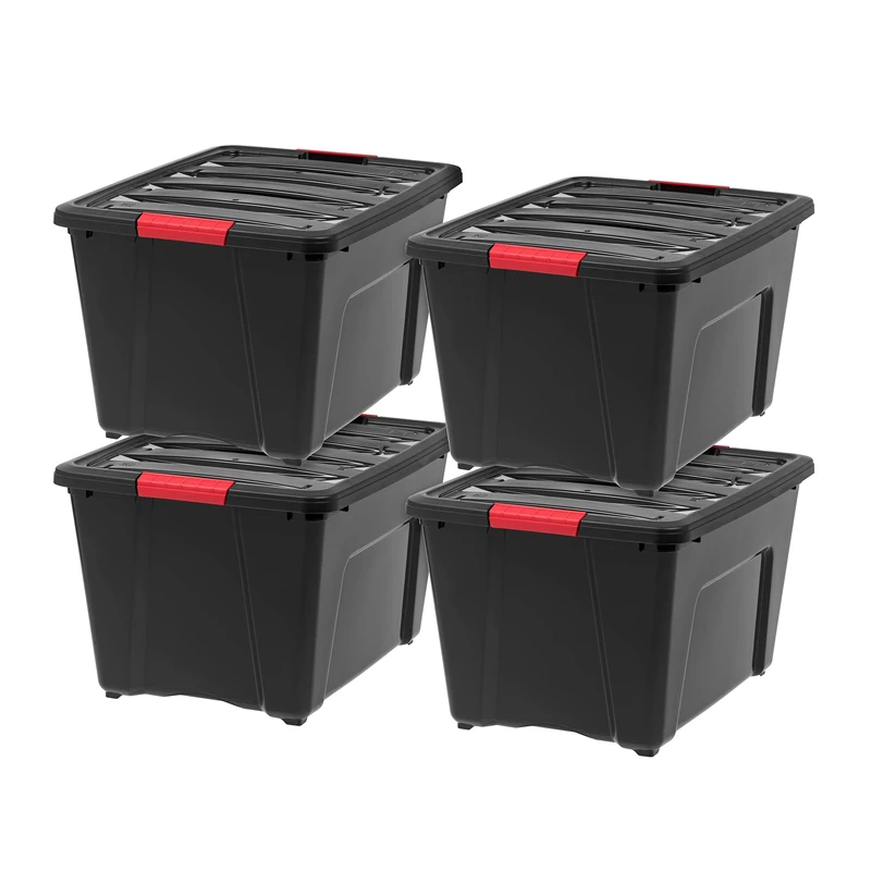 IRIS USA 54 Qt Stackable Plastic Storage Bins with Lids, 4 Pack - BPA-Free, Made in USA - Garage Organizing Solution, Latches, Durable Nestable Containers, Secure Pull Handle - Black
