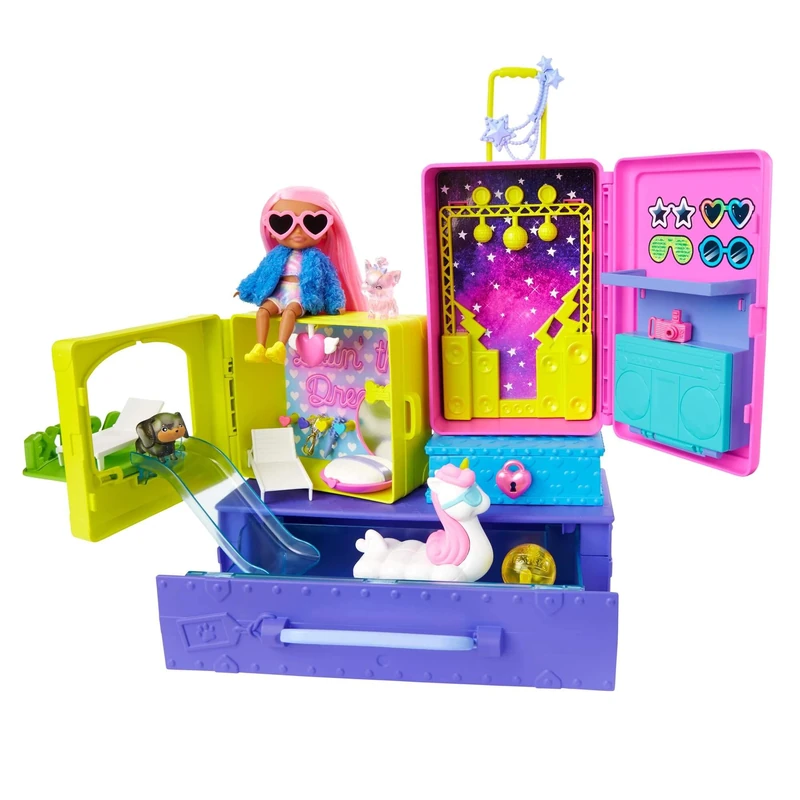 Barbie HDY91 Extra Pets & Minis Travel Playset with 2 Pet Puppies & Exclusive Doll, Pool, Slide, Party Room & Accessories, Toy Gift for Children from 3 Years - Image 1
