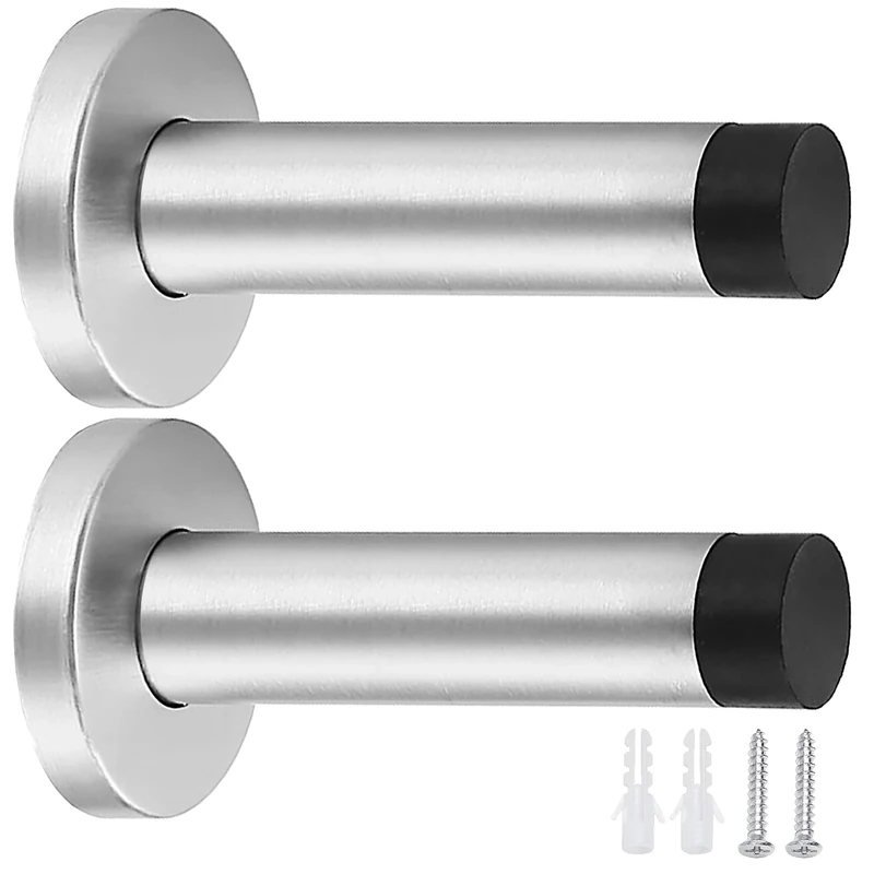 2 PCs Wall Mounted Door Stoppers | Heavy Duty Stainless Steel Door Stops with Rubber Buffer | Doorstop with Screws and Anchors for Indoors to Protect Walls
