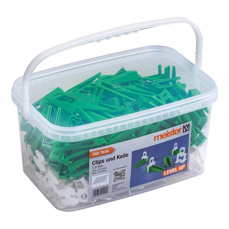 Meister Level Up Levelling System for Tiles 350 Pieces - Tile Thickness 6-17 mm - 200 Advanced Clips & 150 Spacers/Tile Levelling Aid/Laying Aid with Wedges / 4427550