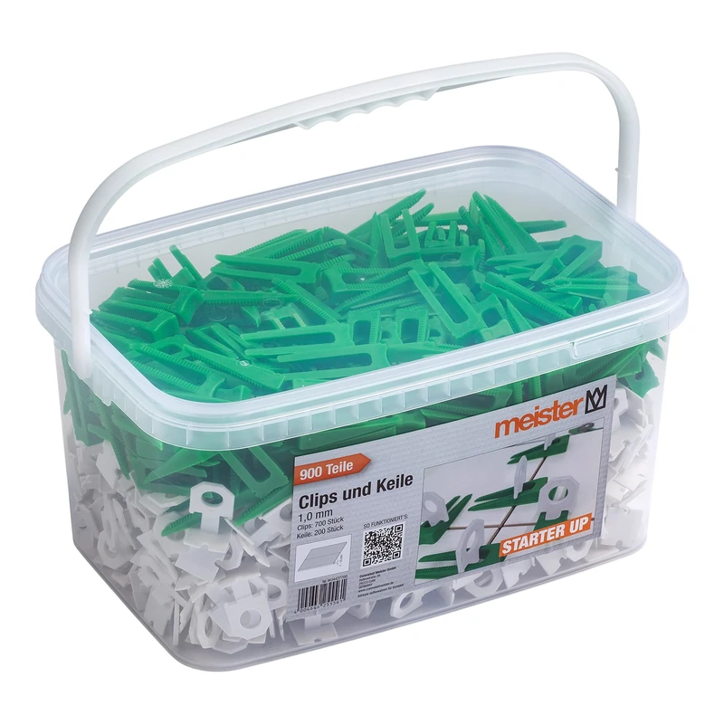 Meister Starter 4427700 Levelling System for Tiles 900 Pieces - 1.0 mm Thickness - Tile Thickness 7-15 mm - 700 Clips & 200 Spacers/Tile Levelling Aid/Laying Aid with Wedges
