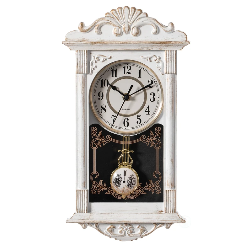 Clockswise Quickway Imports Vintage Grandfather Wood- Looking Plastic Pendulum Wall Clock for Living Room, Kitchen, or Dining Room, White