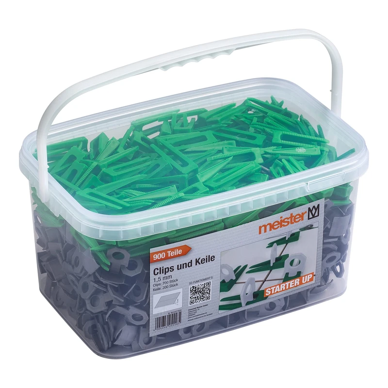 Meister Starter 4427800 Levelling System for Tiles 900 Pieces - 1.5 mm Thickness - Tile Thickness 7-15 mm - 700 Clips & 200 Spacers/Tile Levelling Aid/Laying Aid with Wedges