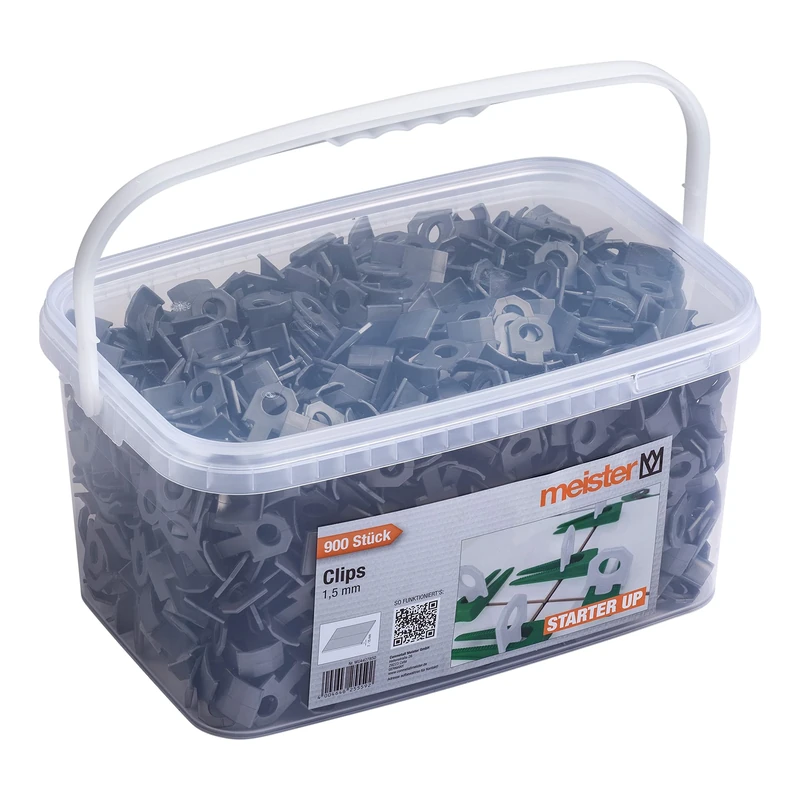 Meister Clips for Levelling System "Starter" – 900 Pieces – 1.5 mm Strap Thickness – Tile Thickness 7-15 mm – Suitable for Meister Starter Spacers/Tile Levelling Aid/Laying Aid / 4427850