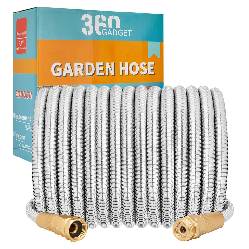 360 Gadget Garden Hose Metal - 100ft Heavy Duty Stainless Steel Water Hose with 8 Function Sprayer & Metal Fittings, Flexible, Lightweight, No Kink, Puncture Proof Hose for Yard, Outdoors, Rv