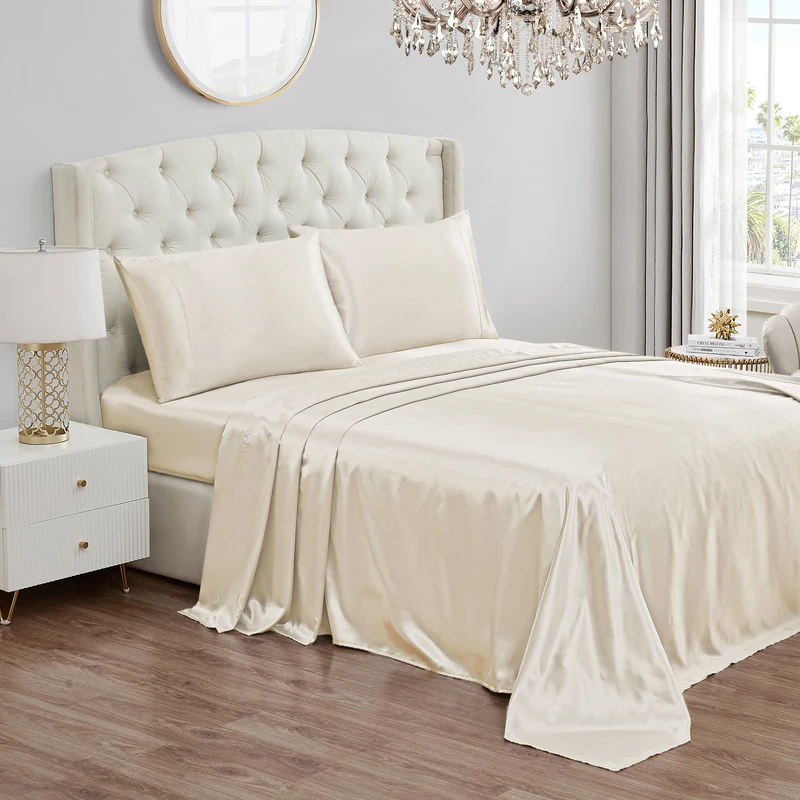 Juicy Couture King Size Satin Bed Sheet Set, Deep Pocket Silky King Sheet Set with 1 Fitted Sheet, 1 Flat Sheet and 2 Pillow Case, Wrinkle Resistant and Anti Pilling Bed Sheets - Ivory