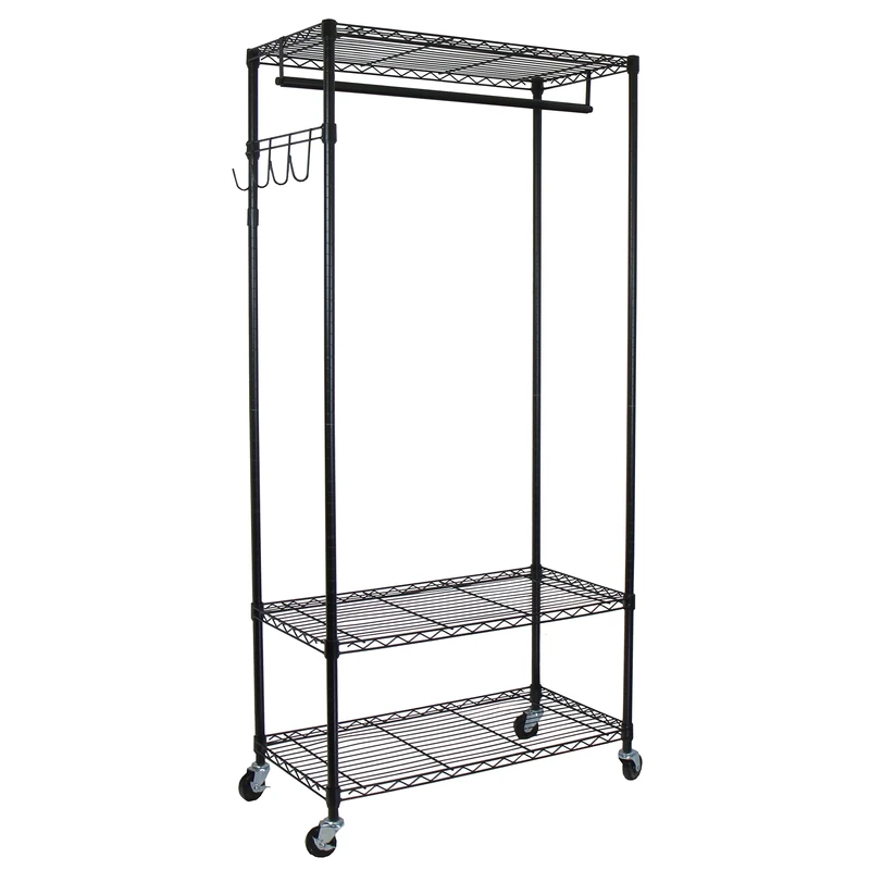 oceanstar Heavy Duty Rolling Storage Garment Rack with Adjustable Shelves and Hook,Black