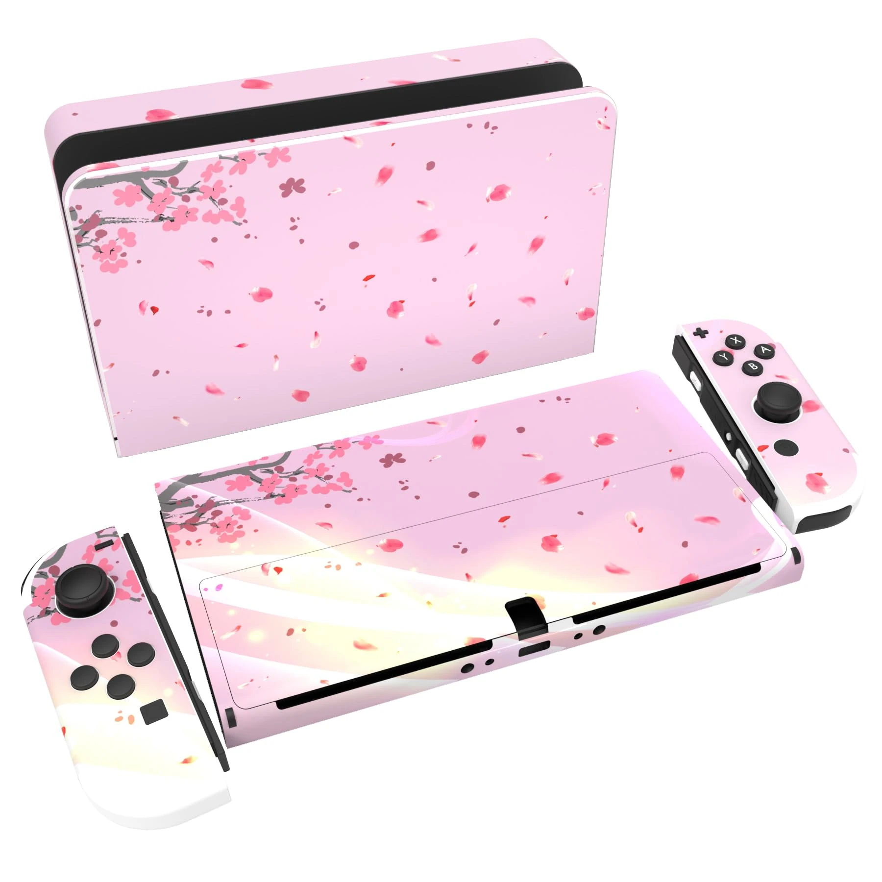 playvital Full Set Protective Stickers for Nintendo Switch OLED Model, Customized Vinyl Decal Skins for Switch OLED Console & Joycon & Dock & Grip - Pink Cherry Blossom