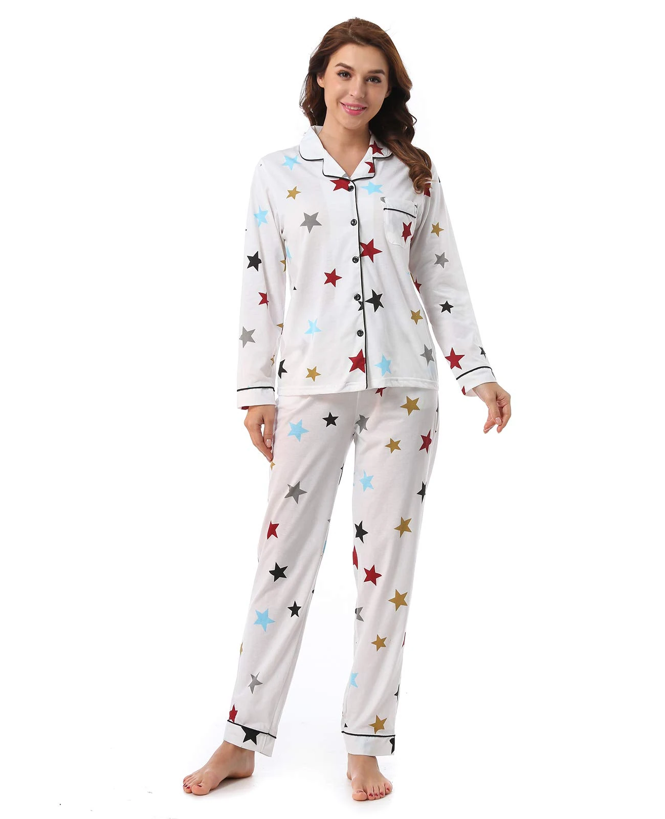 GOSO Ladies Pyjamas Set- Women Pyjamas Button Down Pjs for Women Sets Floral Long Sleeve Sleepwear Lady Nightwear Soft Lounge Sets for Ladies Pjs
