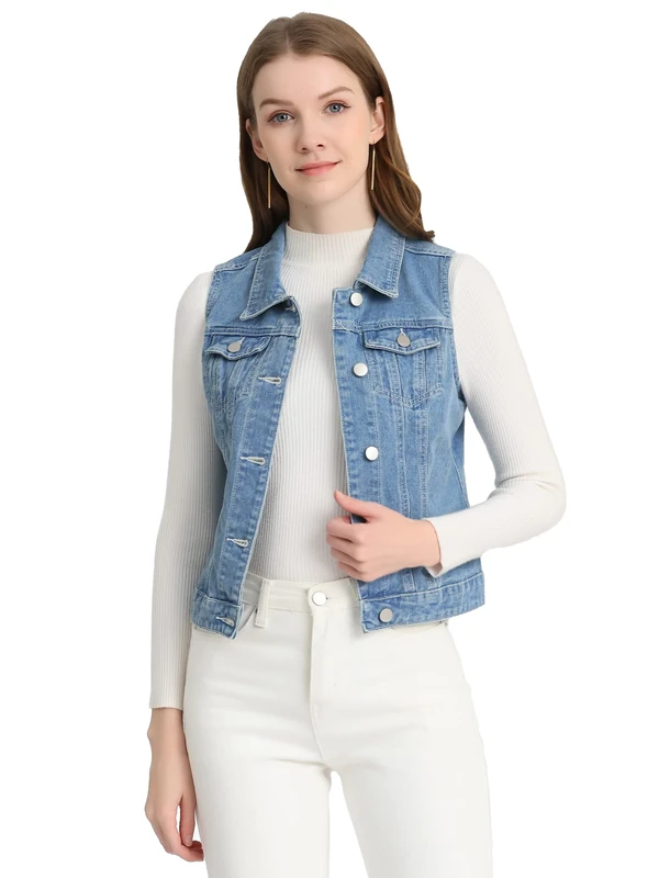 Allegra K Women's Buttoned Washed Denim Vest Jacket W Chest Flap Pockets, Light Blue-b, L