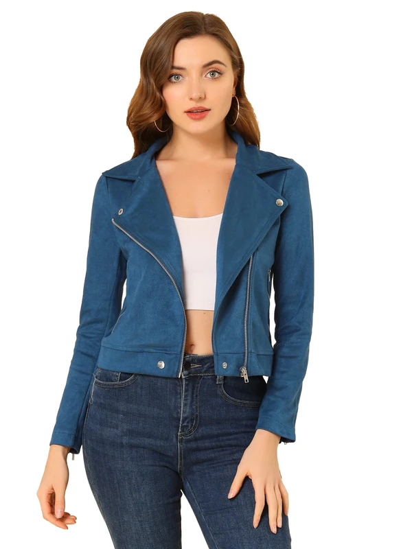 Allegra K Women's Short Soft Zip Up Faux Suede Biker Moto Jacket, Royal Blue, L