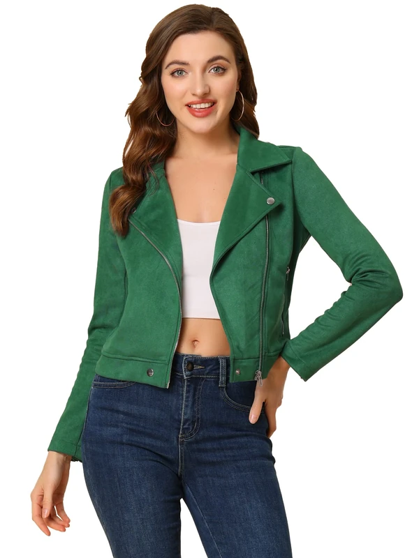 Allegra K Women's Moto Jacket, Green, S