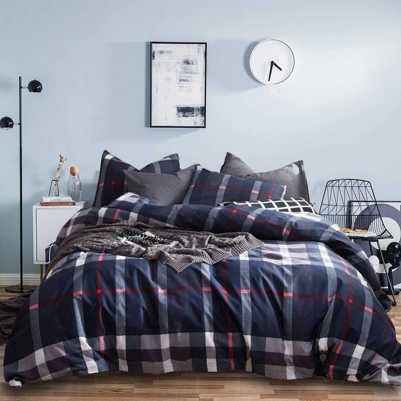 Houseri Navy Blue Plaid Comforter Set Full Dark Blue Buffalo Checkered Bedding Sets for Teen Boys Vintage Navy Grid Gingham Bed Sets Preppy Tartan Dorm Quilt Blanket Full