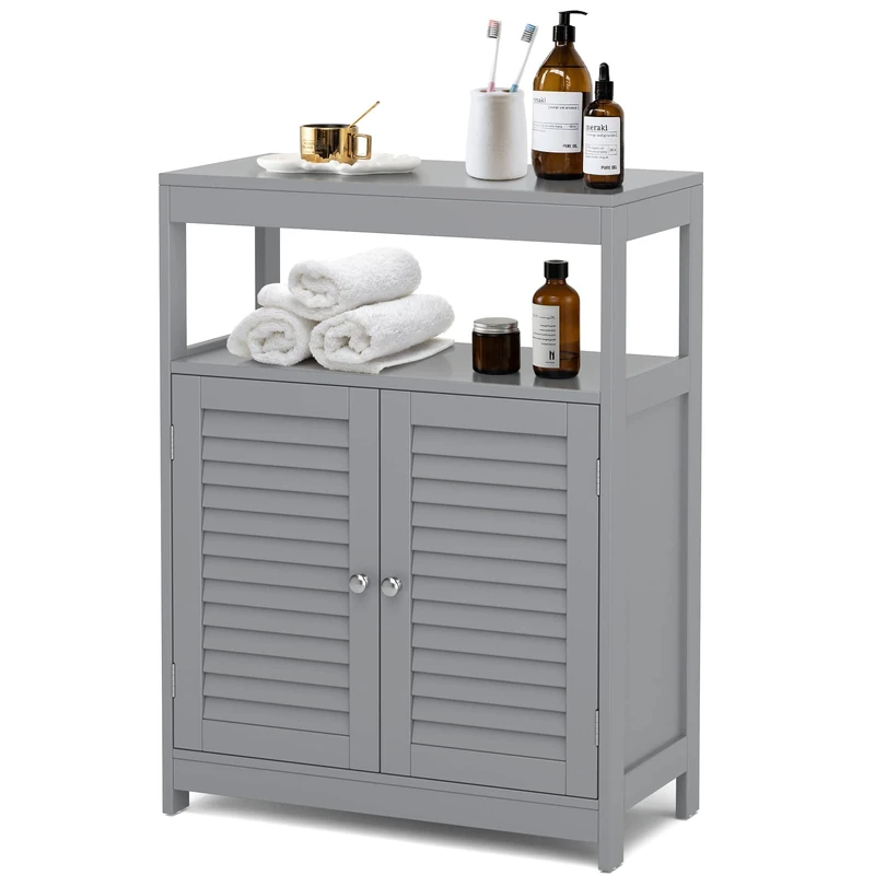 CASART Bathroom Floor Cabinet, Floor Standing Storage Cupboard with 2 Shutter Door & Adjustable Shelf, Wooden Sideboard Storage Organizer Unit for Bathroom Kitchen & Living Room (Grey)