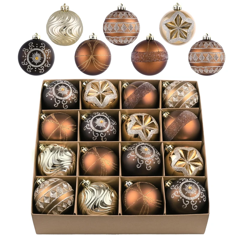 Valery Madelyn Christmas Ornaments Tree Decorations for Mardi Gras, 16ct Bronze Copper and Gold Shatterproof Christmas Tree Ornaments Set, 3.15 Inches Luxury Brown Hanging Ball Decor Xmas Bulk