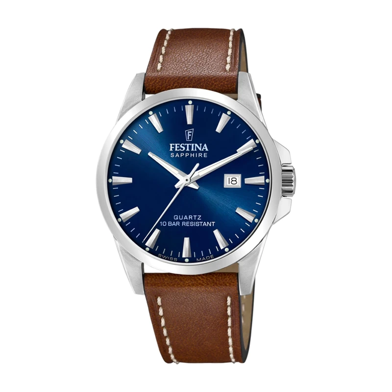 Festina Watch for Men F20025/3 Swiss Made Silver Stainless Steel case Brown Leather Strap, Brown, The generated Style for The Men's Watch Swiss Made F20025/3 is Elegant as it is derived from