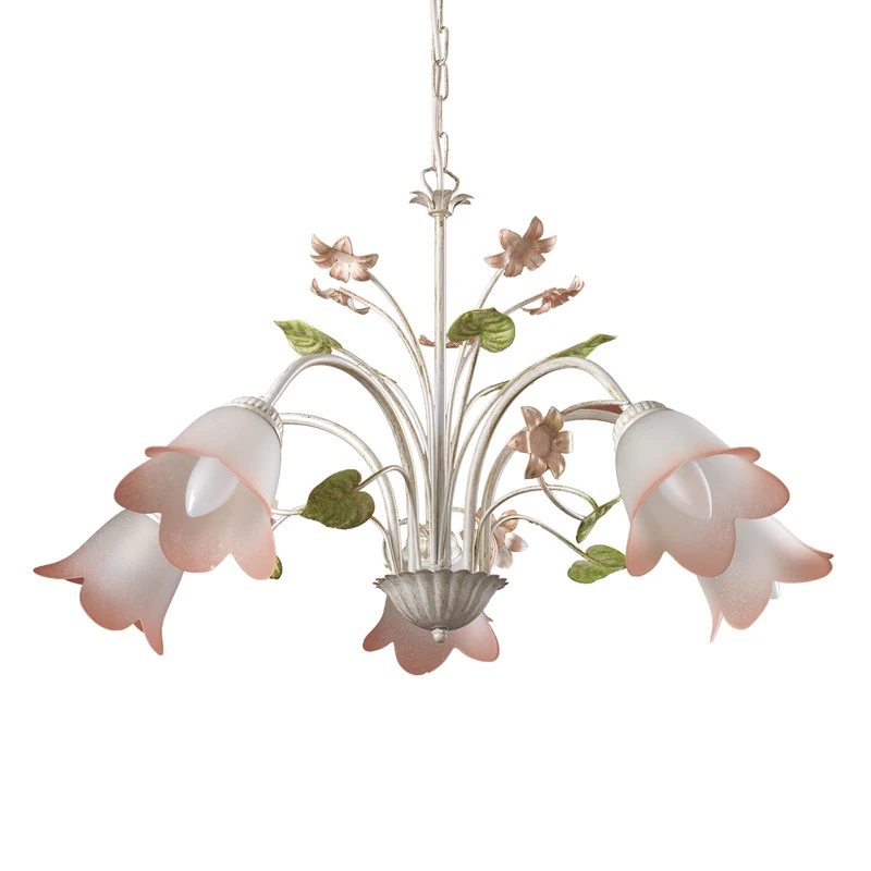ONLI - chandelier ceiling light Botton'oro collection. design made in Italy. classic and elegant style, white and rose color, white glass shades, traditional shape. flower decorations. diameter 65cm 5 lights E14. - Image 1