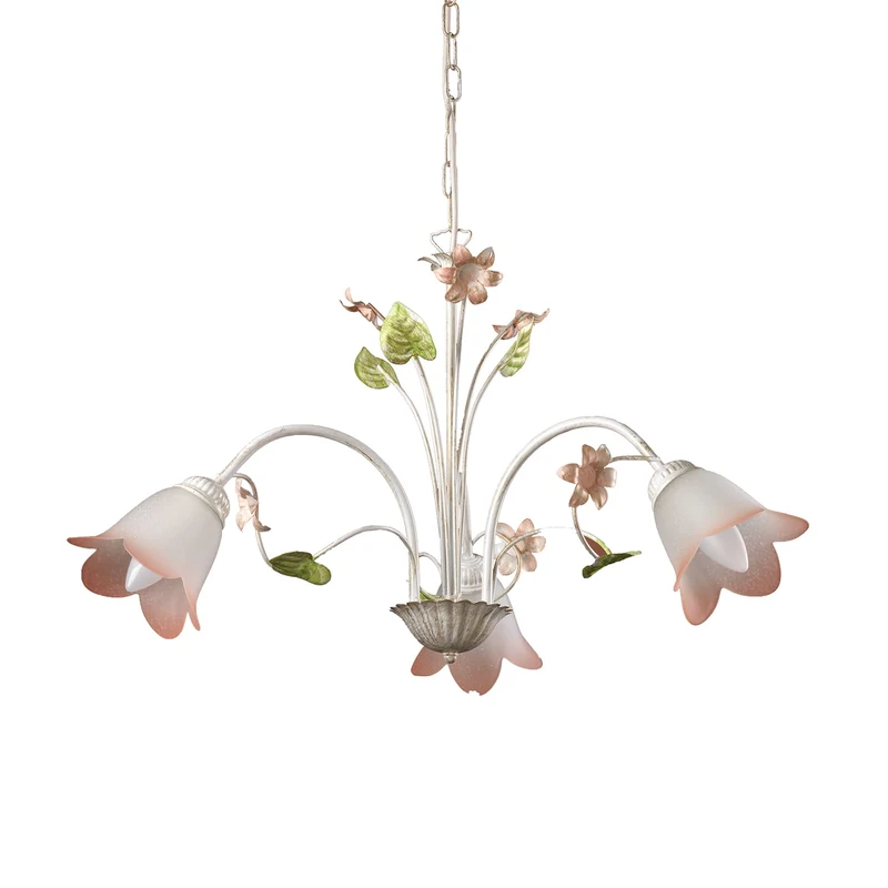 ONLI - chandelier ceiling light Botton d'oro collection. design made in Italy. classic and elegant style, white and rose colore, white glass shades, traditional shape. flower decorations. lenght 30cm - height 40cm 3 lights E14. 24 months Italian warranty - Image 1