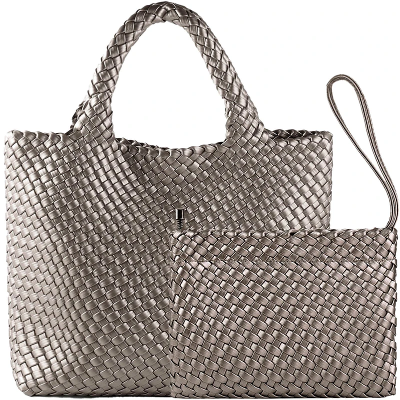 JINMANXUE Fashion Woven Bag Shopper Bag Travel Handbags and Purses Women Tote Bag Large Capacity Shoulder Bags, Gun Silver, L