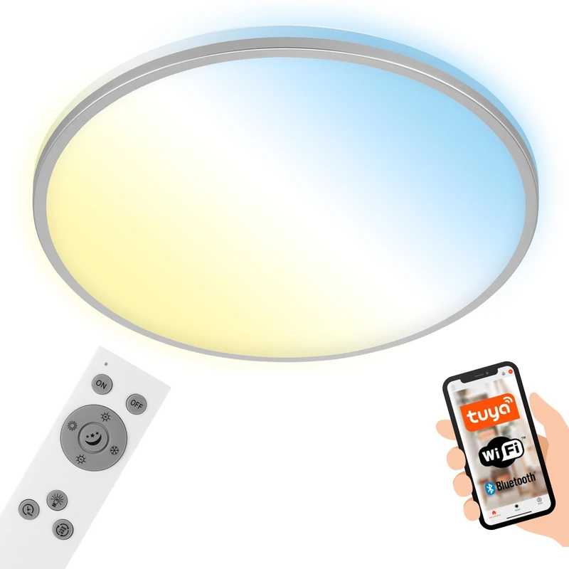 BRILONER - LED Ceiling Light Flat Smart Home, Works with Alexa, Remote Control, LED Lamp, LED Ceiling Light, Living Room Lamp, LED Panel, Bedroom Lamp, 49 x 7.7 cm, Matt Chrome