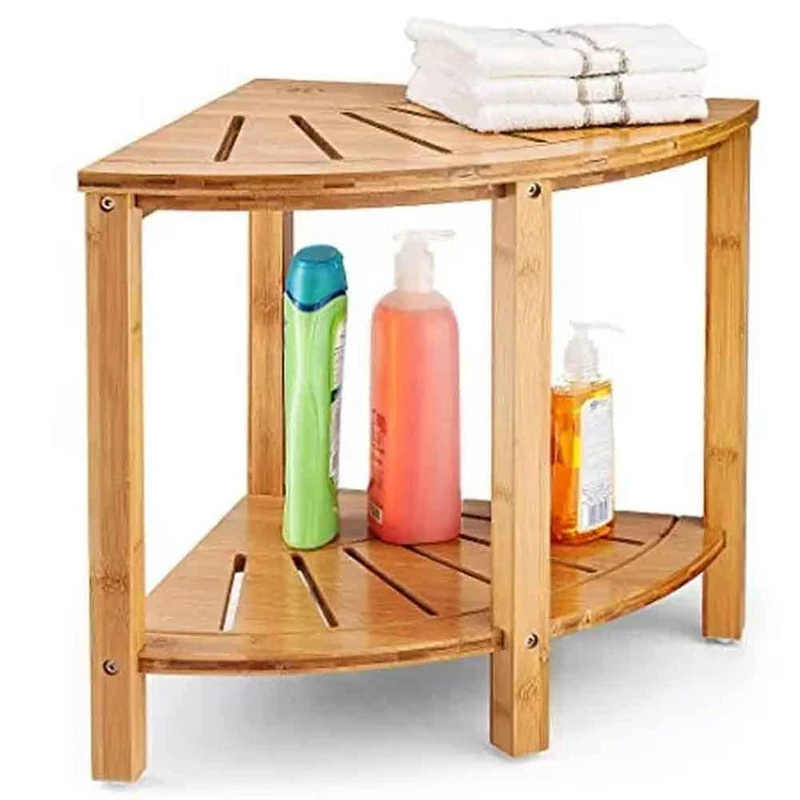 BAKAJI Bathroom Corner Stool Wooden Shower Table Multipurpose Corner Shelf with Double Shelf Towel Rail Modern Design Coffee Table 40 x 40 x 43 cm Natural Colour