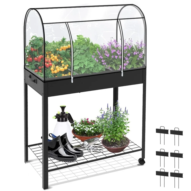 VOUNOT Raised Bed Garden, Mobile Metal Planter with Wheels and Bottom Shelf for Vegetables, Plants and Flowers, Outdoor, Green, 80.5x130x43cm