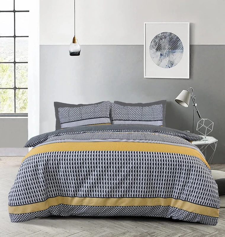 Sleepdown Stripe Geo Abstract Mono Black Grey Ochre Reversible Duvet Cover Quilt Pillow Cases Bedding Set Soft Easy Care - King (230cm x 220cm)