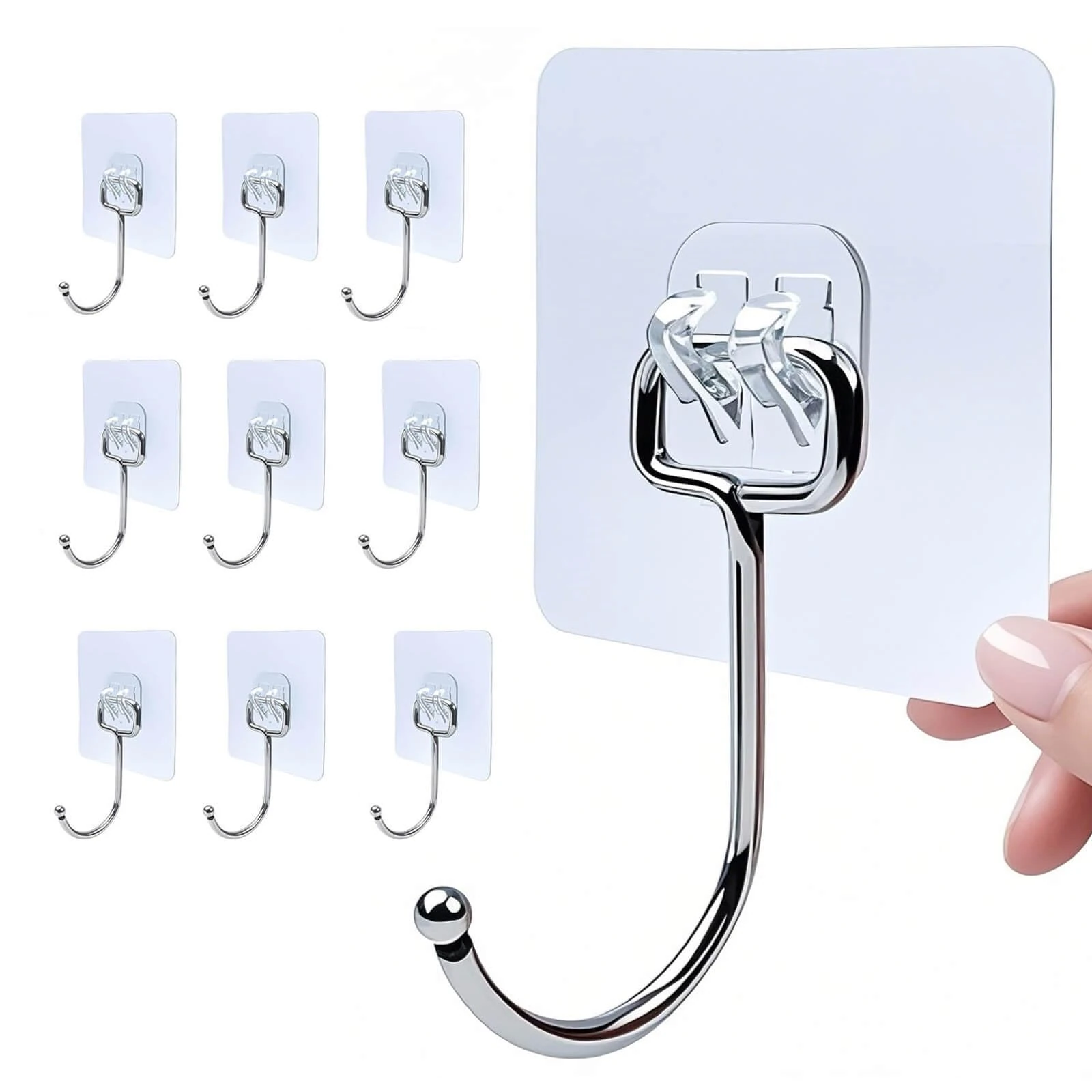 Zesc-Im 10PCS Self Adhesive Hooks, Upgraded 35 lb/15kg (Max) Strong Sticky Hooks for Hanging Heavy Duty, Damage Free Large Size Clear Stick on Hook for Home Bathroom Kitchen and Office