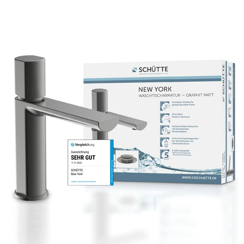 Schütte New York 33612 Washbasin Mixer Tap with Drain Fitting, Mixer Tap with Pop-Up Valve, Bathroom Tap, Single-Lever Mixer Tap Bathroom, Graphite