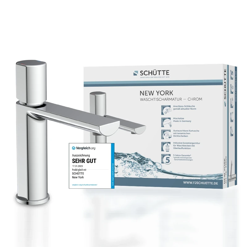 Schütte New York 33610 Washbasin Faucet, Chrome Contemporary Single-Lever Mixer Tap with Pop-Up Drain, Bathroom Tap