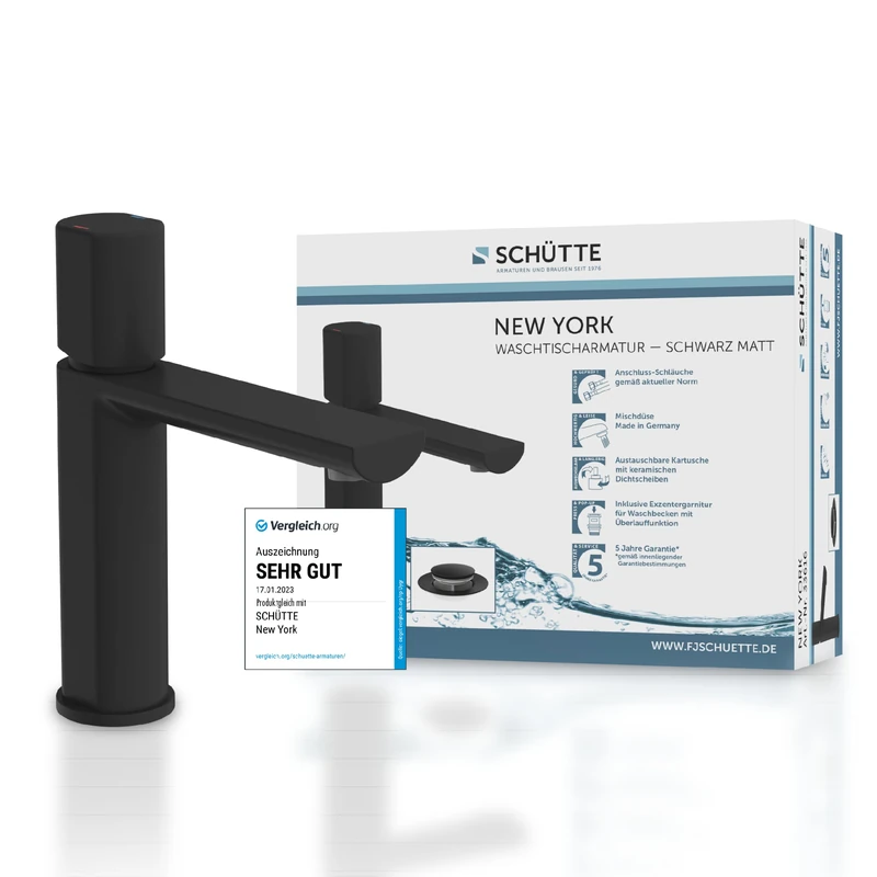 "SCHÜTTE New York Modern Coated Brass Basin Mixer in Matte Black with High-Pressure Faucet, Ceramic Discs and Easy Mount Feature"