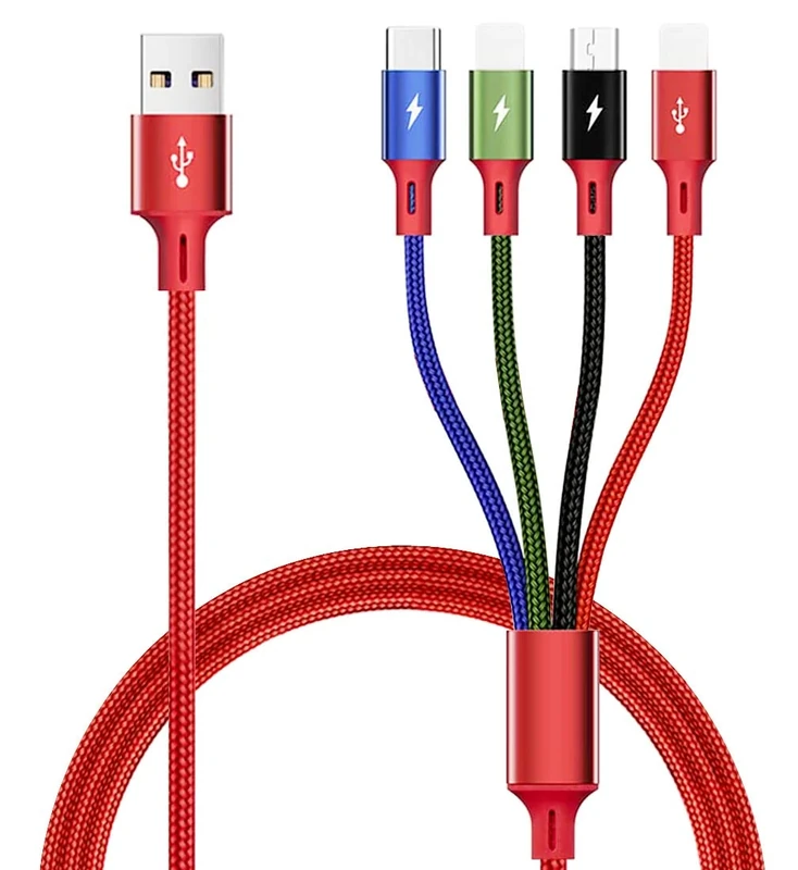 Multi Charger Cable [3.5A 1.8M] 4 in 1 Nylon Braided USB Charging Cable Multiple Fast USB Cable with Micro USB/Type C/iP Ports for iPhone 17/16/15/14/13/12/11/Xs/X,Android Galaxy,Huawei,Nexus,Nokia,LG