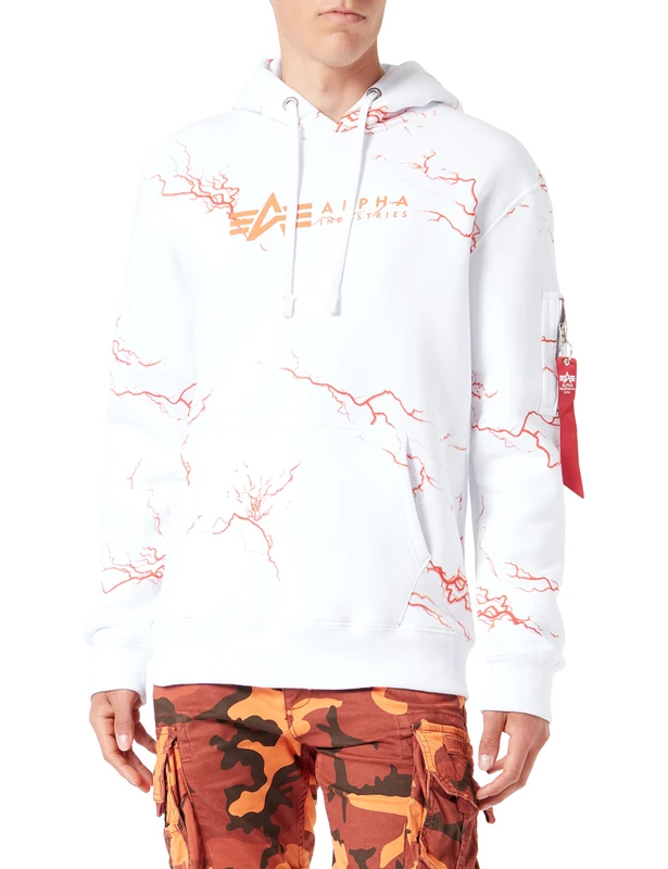 Alpha Industries Lightning AOP Mens Hooded Sweat White/Orange