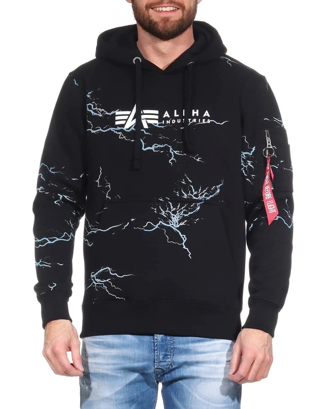 Alpha Industries Lightning AOP Mens Hooded Sweat Black/White
