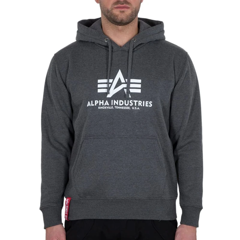 Alpha Industries Basic Hoody Hooded Sweat for Men Charcoal Heather/White