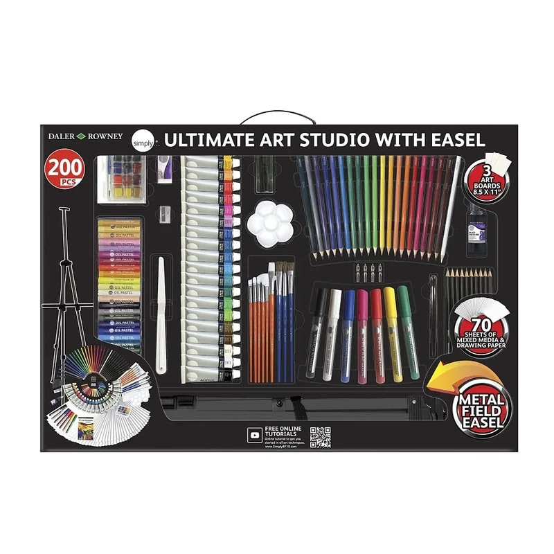 Daler-Rowney Simply Complete 200-Piece Art Painting & Drawing Set with Acrylic, Pastels, Sketching Pencils, Watercolour, Painting Pads, Brushes and more