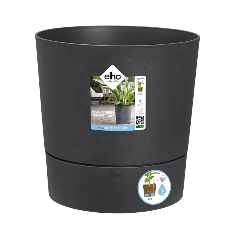 elho Greensense Aqua Care Round 30 - Self Watering Plant Pot for Indoor & Outdoor - 100% recycled plastic - Ø 29.5 x H 29.1 cm - Grey/Charcoal Grey
