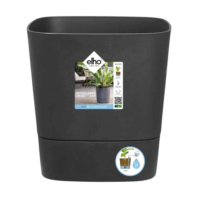 elho Greensense Aqua Care Square 30 - Self Watering Plant Pot for Indoor & Outdoor - 100% recycled plastic - Ø 29.5 x H 30.2 cm - Grey/Charcoal Grey