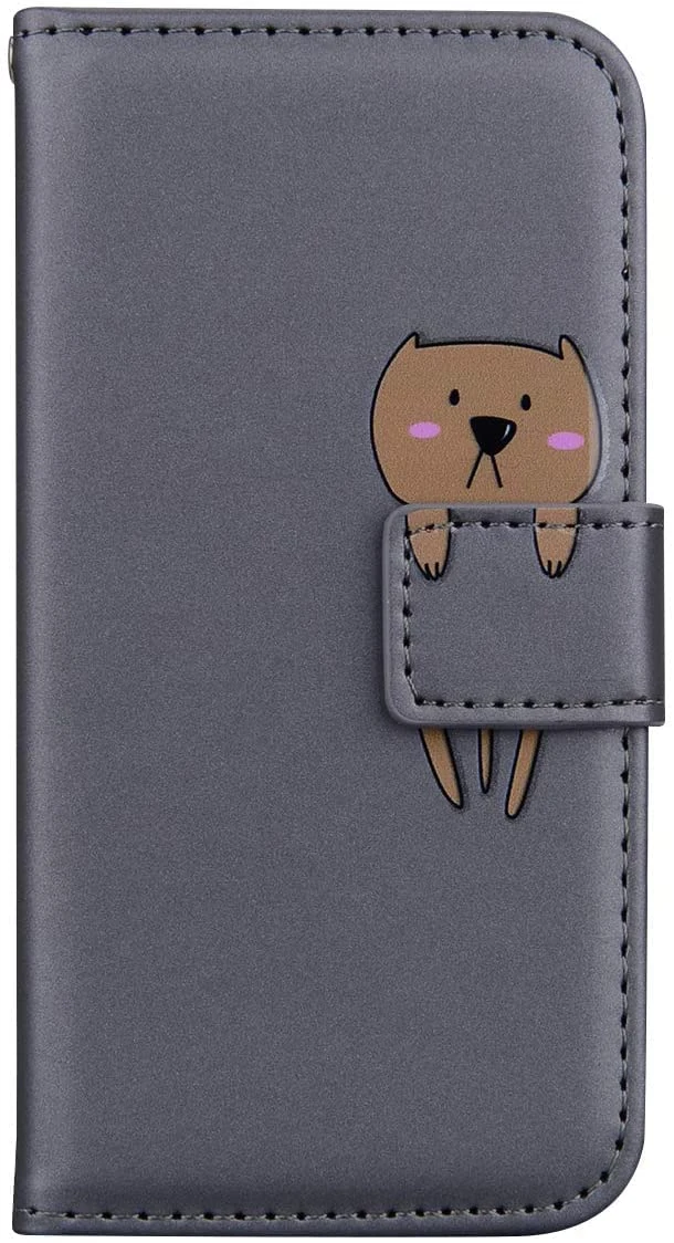Jeffene for Xiaomi Mi Poco X3/X3 Pro/X3 NFC Case, Cartoon Pattern Folding Stand PU Leather Wallet Flip Cover with TPU Inner Shell, Card Slots, Magnetic Closure-Gray+Bear