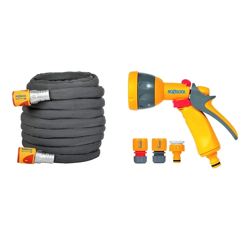 Hozelock Ltd 8135 1240 35m Tuffhoze Garden Hose, Grey, 35 m & 2347 0000 Multi Spray Watering Gun Starter Set, 205.0 mm*230.0 mm*260.0 mm