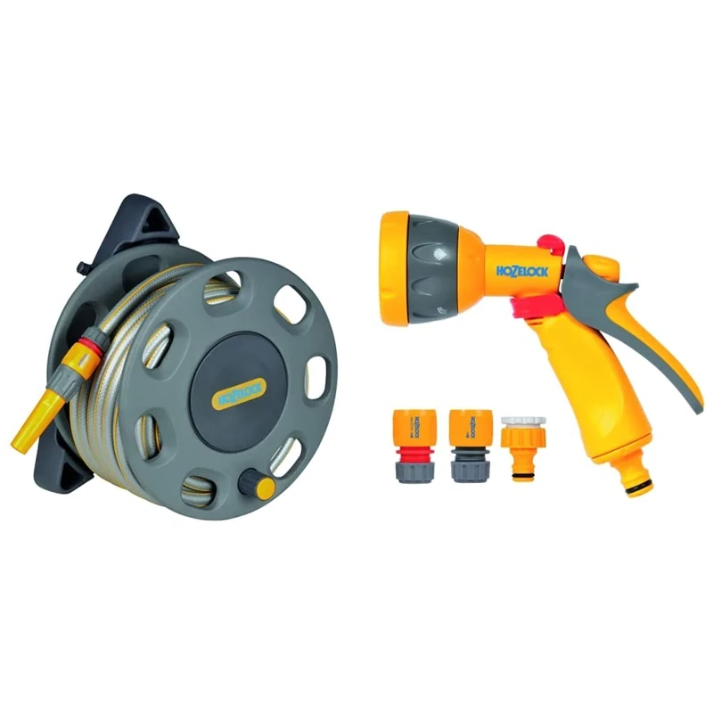 Hozelock 30m Wall Mounted Reel with 15m Hose & Hozelock 2347 0000 Multi Spray Watering Gun Starter Set, 205.0 mm*230.0 mm*260.0 mm