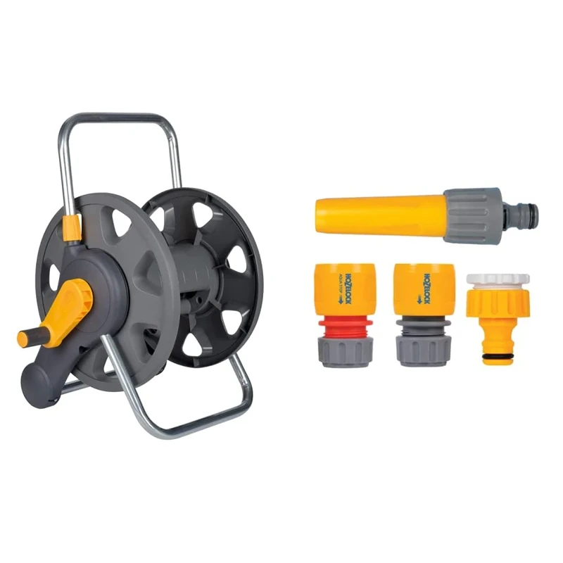 Hozelock 2475 0000 60m 2 in 1 Empty Hose Reel & HOZELOCK 2352 Hose Fitting Starter Set