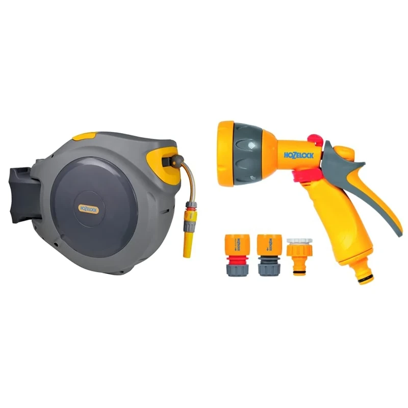 Hozelock 2595 0000 Auto Reel with 40m Hose & Hozelock 2347 0000 Multi Spray Watering Gun Starter Set, 205.0 mm*230.0 mm*260.0 mm